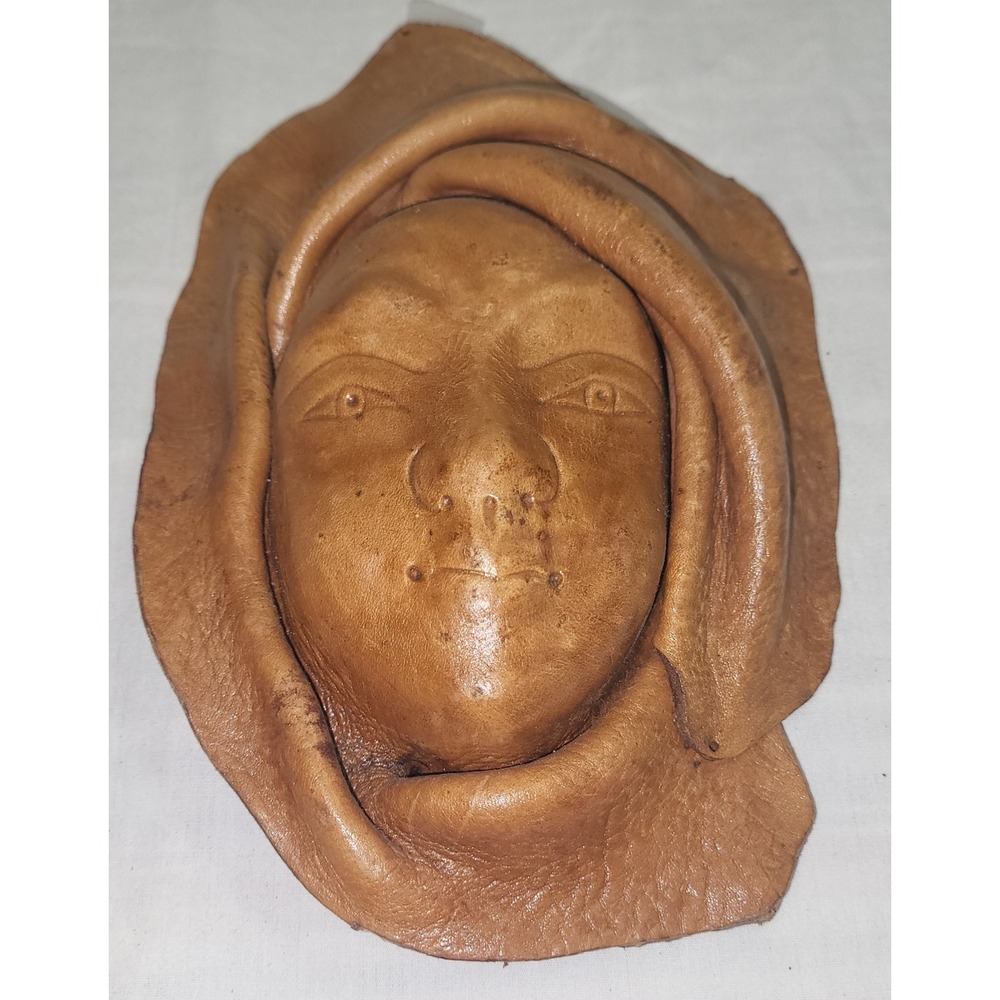 Handmade Leather Face Wall Mask Tan Good Folk Art La Romana Sculpture